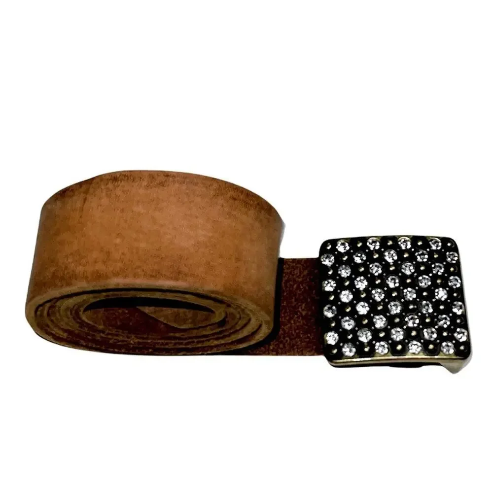 Diamond Studded Brass Buckle Brown Leather Belt